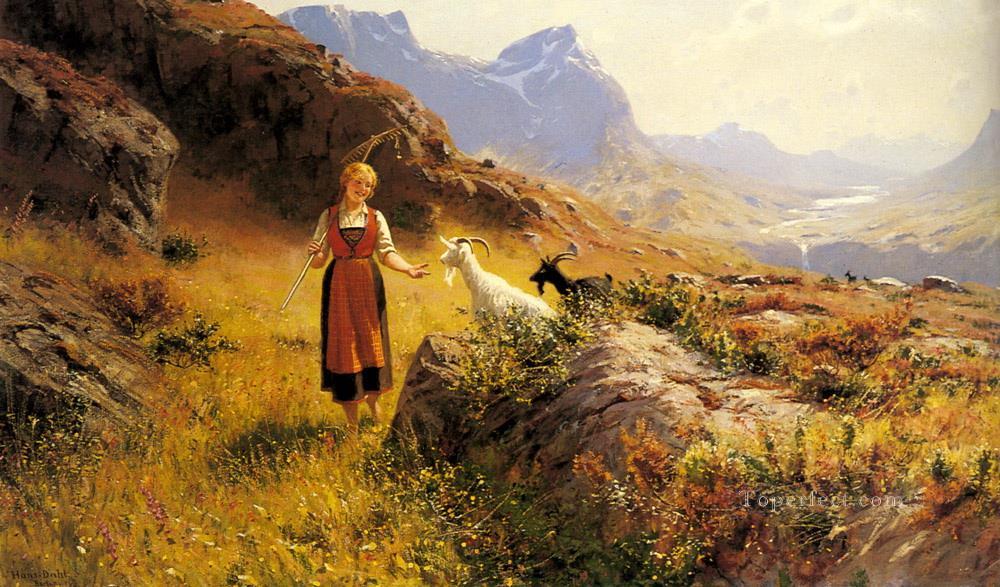 羊飼いとヤギのいるアルプスの風景油絵